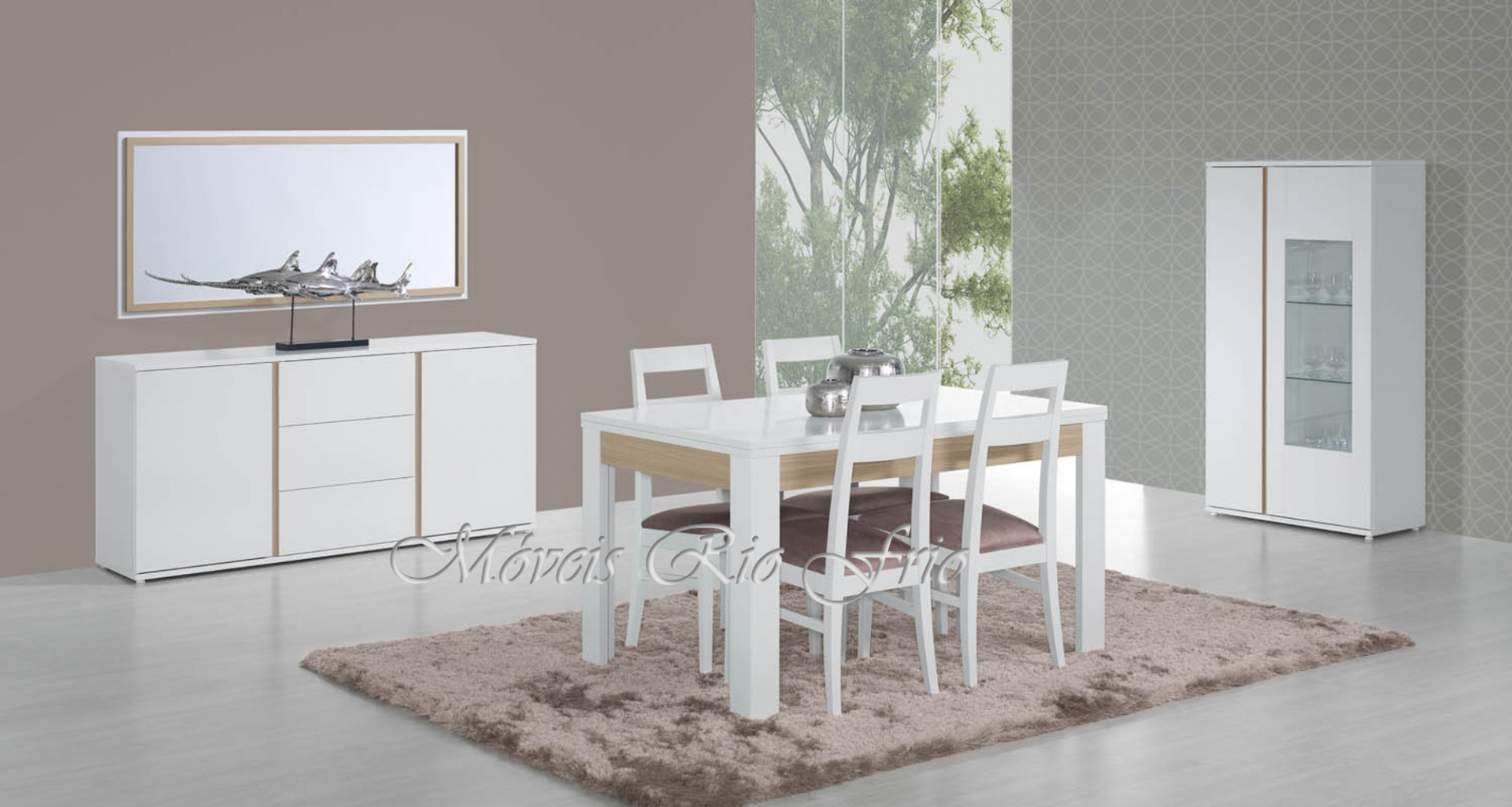 Conjunto de sala de jantar branco com cadeiras, mesa, aparador, espelho e móvel alto
