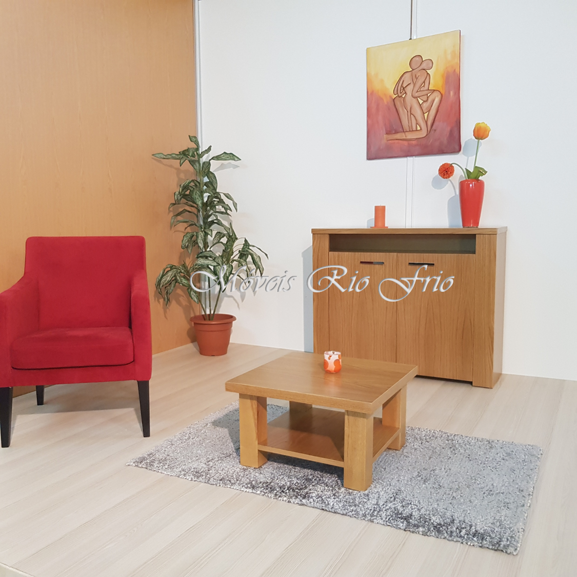 Sala de estar com poltrona vermelha, mesa de centro em madeira, tapete cinzento e móvel de madeira com vaso e pintura