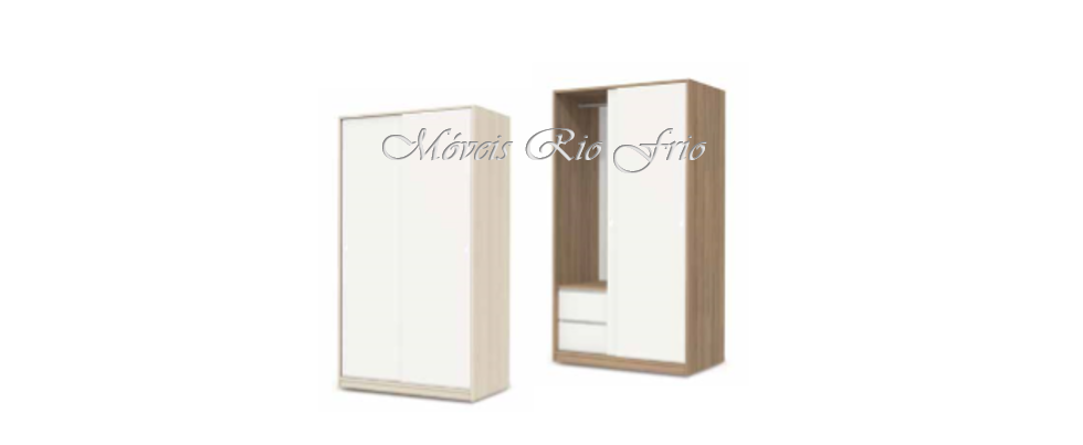 Dois roupeiros de madeira em branco e castanho escuro com portas lisas e gavetas