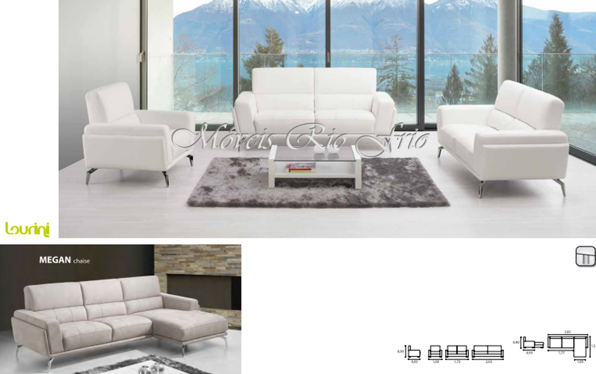 Conjunto de sofá branco em pele numa sala moderna com vista para montanhas