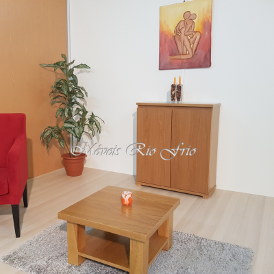 Sala de estar com mesa de centro e armário baixo em madeira clara, planta em vaso, quadro abstrato e vela sobre a mesa