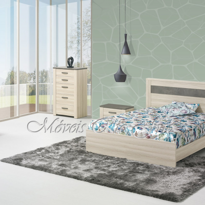 Conjunto de mobiliário de quarto moderno em madeira clara com vários móveis e tapete cinza