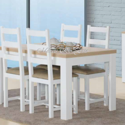 Conjunto de mesa de jantar com quatro cadeiras brancas e assentos estofados castanhos