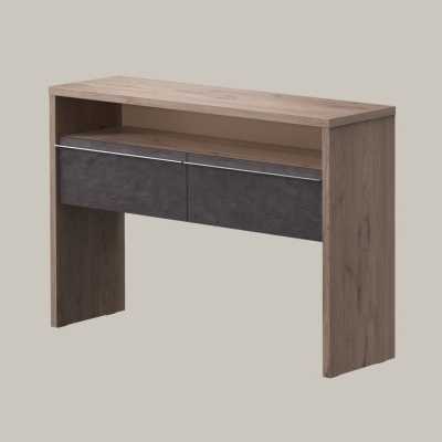 Móvel de madeira castanho claro com duas gavetas cinza escuras