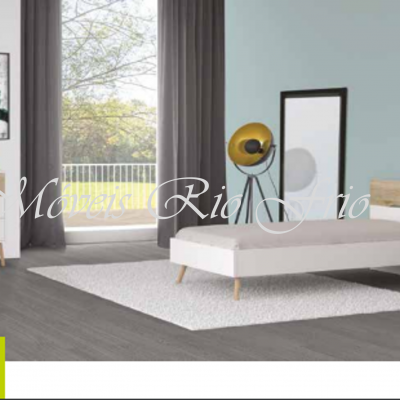 Quarto moderno com cama individual, cómoda, mesa de cabeceira, tapete branco e janela grande