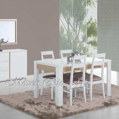 Conjunto de sala de jantar branco com cadeiras, mesa, aparador, espelho e móvel alto