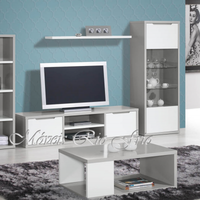 Conjunto de móveis de sala em MDF branco e cinza com TV, estante, vitrine, mesa de centro, tapete e sofá azul
