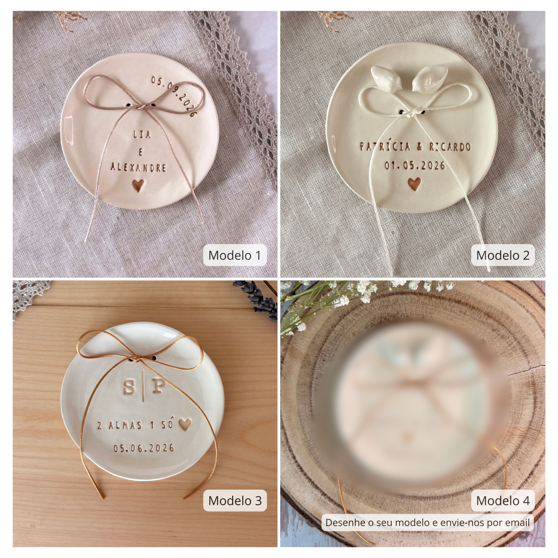 Prato de Alianças pequeno - Personalizado Quatro pratos de cerâmica branca com laços e inscrições personalizadas para casamentos.