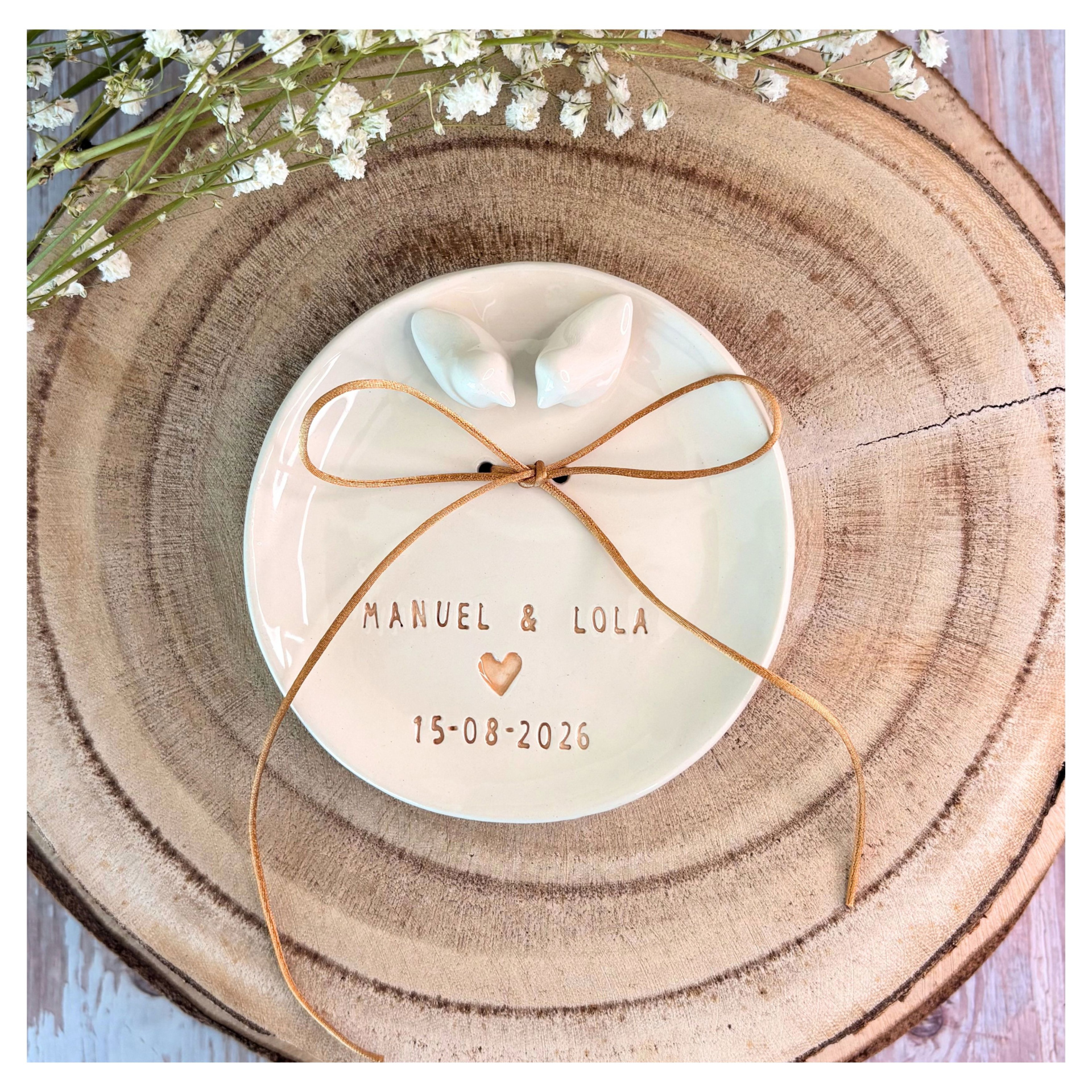 Prato de Alianças pequeno - Personalizado Prato de cerâmica branco com pássaros e texto personalizado em relevo