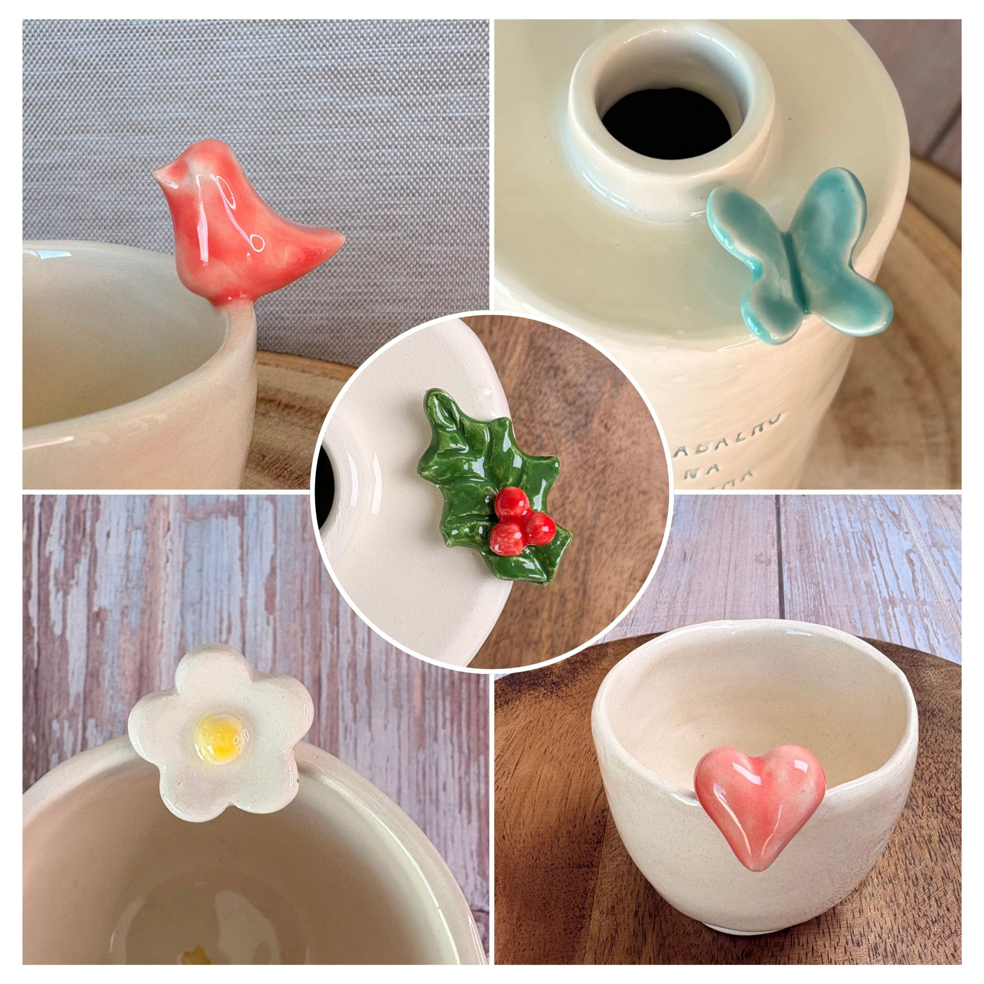 Caneca Personalizada Conjunto cerâmico branco com enfeites coloridos de pássaro, borboleta, folha, flor e coração