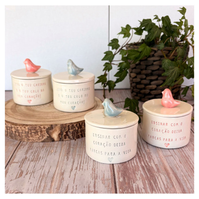 Recipientes de cerâmica creme com tampas de pássaros rosa e azul, planta verde num vaso de verga.
