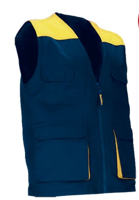 Colete de trabalho leve bicolor com múltiplos bolsos Colete de trabalho azul escuro com detalhes amarelos e múltiplos bolsos