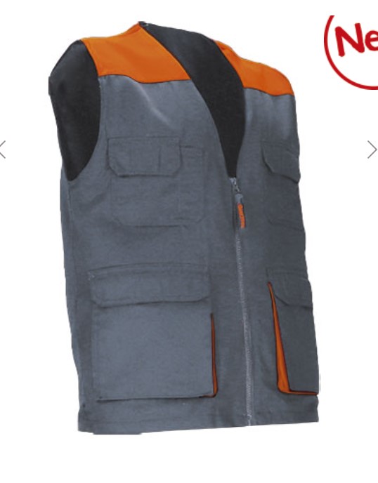 Colete de trabalho leve bicolor com múltiplos bolsos Colete cinza e laranja com múltiplos bolsos e zíper
