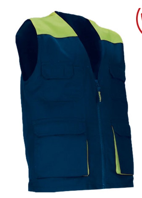 Colete de trabalho leve bicolor com múltiplos bolsos Colete de trabalho azul com detalhes verdes e vários bolsos