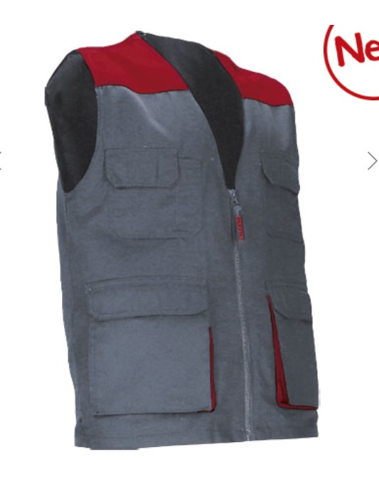 Colete de trabalho leve bicolor com múltiplos bolsos Colete de trabalho cinza e vermelho com vários bolsos e zíper