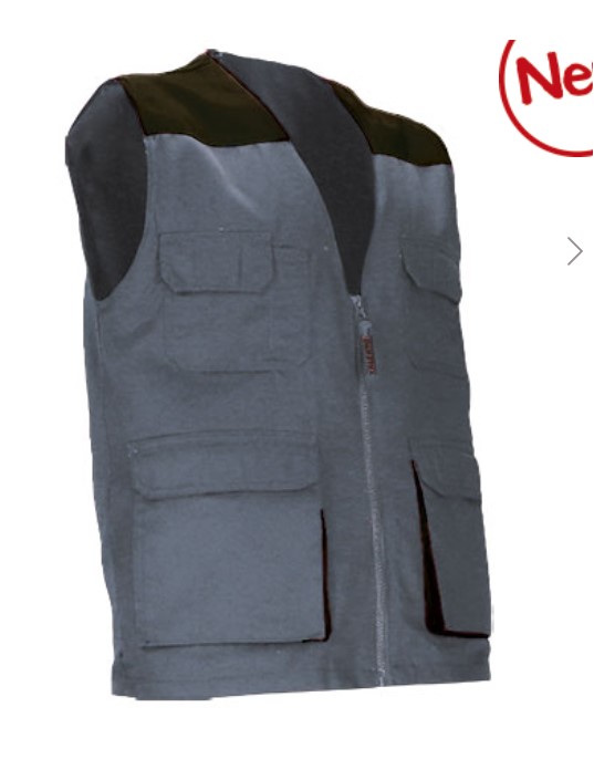 Colete de trabalho leve bicolor com múltiplos bolsos Colete cinzento com bolsos e detalhes pretos