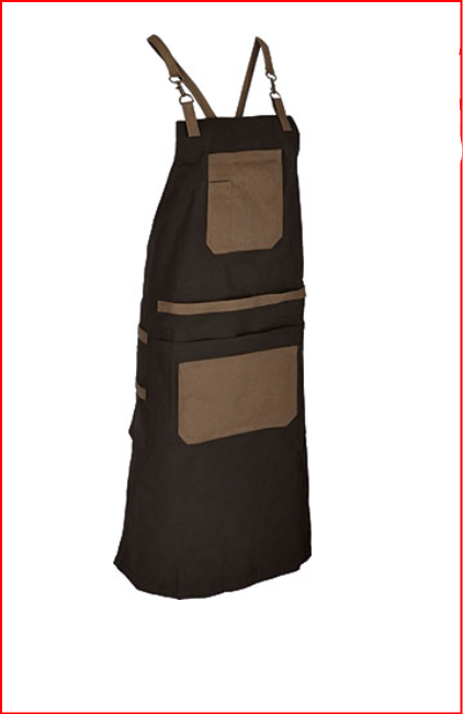 Avental com peito multibolsos bicolor 100% Algodão Avental preto e castanho com bolsos e alças ajustáveis em fundo branco