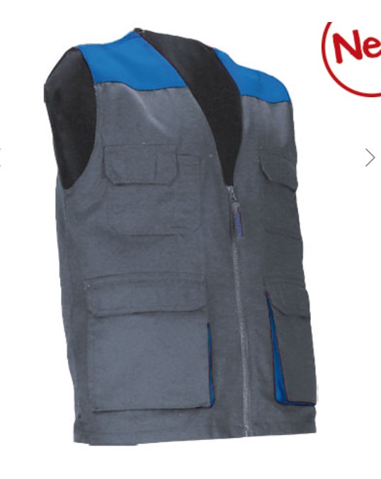 Colete de trabalho leve bicolor com múltiplos bolsos Colete de trabalho cinzento com detalhes azuis e pretos, com fecho de correr e bolsos frontais.