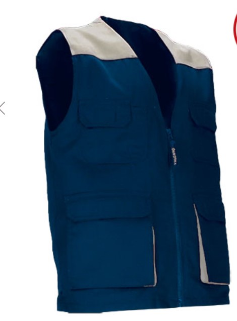 Colete de trabalho leve bicolor com múltiplos bolsos Colete de trabalho azul escuro com detalhes cinza e vários bolsos frontais
