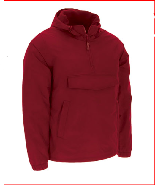 Casaco Anorak com capuz e meio fecho. Casaco vermelho com capuz e bolso grande à frente