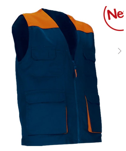 Colete de trabalho leve bicolor com múltiplos bolsos Colete de trabalho azul escuro com detalhes laranja e vários bolsos