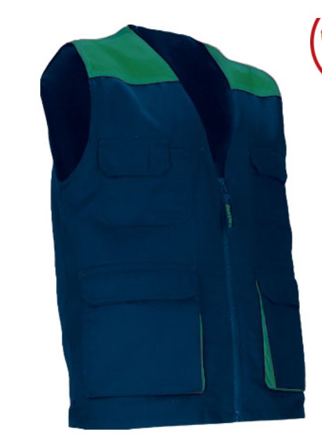 Colete de trabalho leve bicolor com múltiplos bolsos Colete azul escuro e verde com quatro bolsos frontais