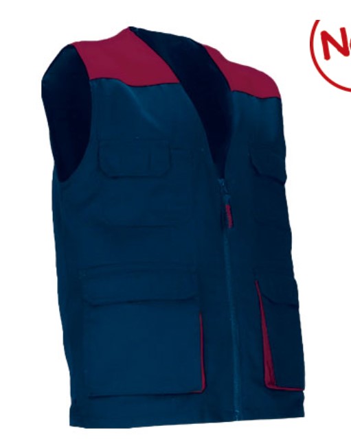 Colete de trabalho leve bicolor com múltiplos bolsos Colete azul escuro e vermelho com bolsos e fecho de correr