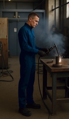 Fato de macaco de trabalho ignífugo 100% Algodão 240 Grs. Homem a soldar numa oficina com macacão azul e luvas pretas