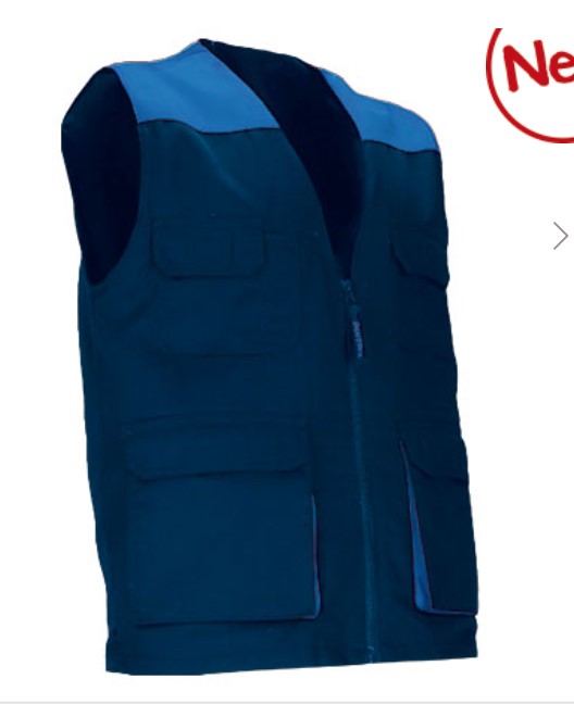 Colete de trabalho leve bicolor com múltiplos bolsos Colete azul escuro com bolsos e detalhes azul claro