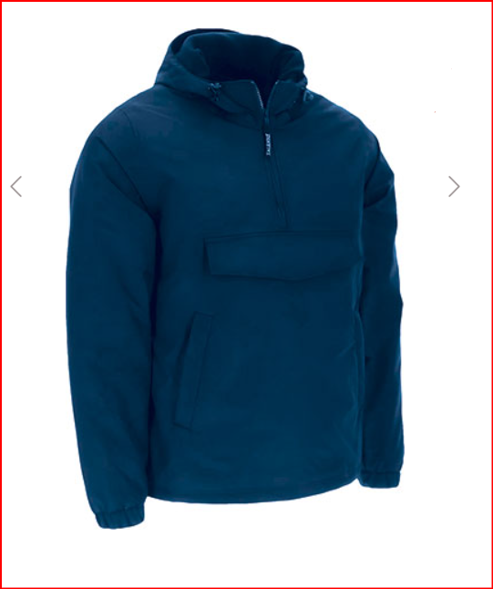 Casaco Anorak com capuz e meio fecho. Parka azul escuro acolchoada com capuz e bolso frontal