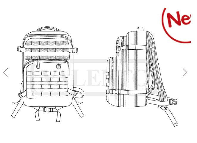 Mochila de grande capacidade com foles. Mochila branca em tecido com tiras horizontais e verticais, vista frontal e lateral
