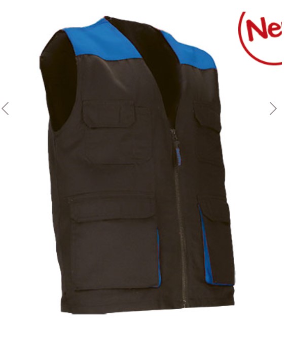 Colete de trabalho leve bicolor com múltiplos bolsos Colete de trabalho preto com detalhes azuis e bolsos frontais