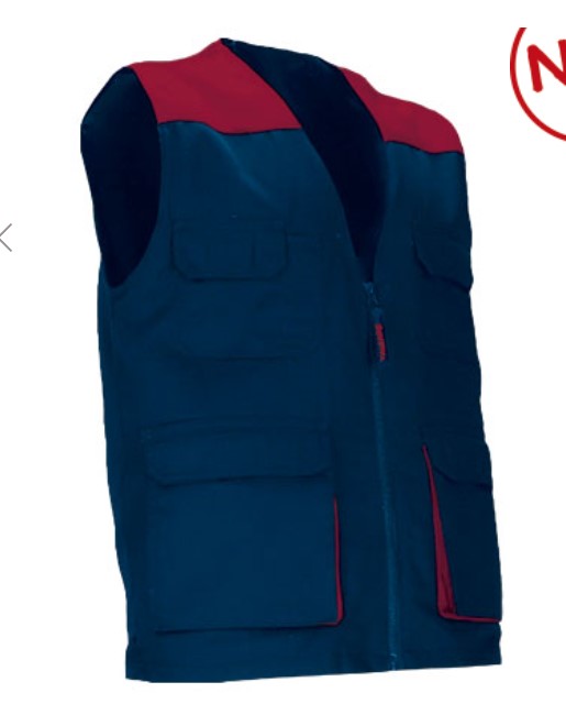 Colete de trabalho leve bicolor com múltiplos bolsos Colete azul escuro e vermelho com bolsos frontais
