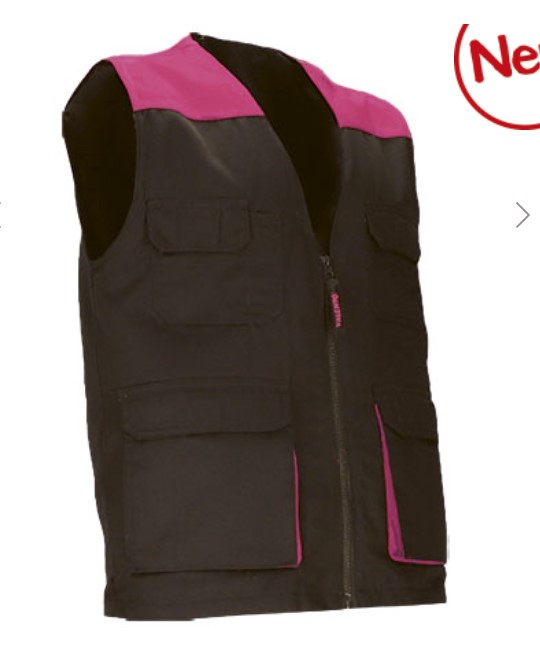 Colete de trabalho leve bicolor com múltiplos bolsos Colete de trabalho preto com detalhes rosa e vários bolsos frontais