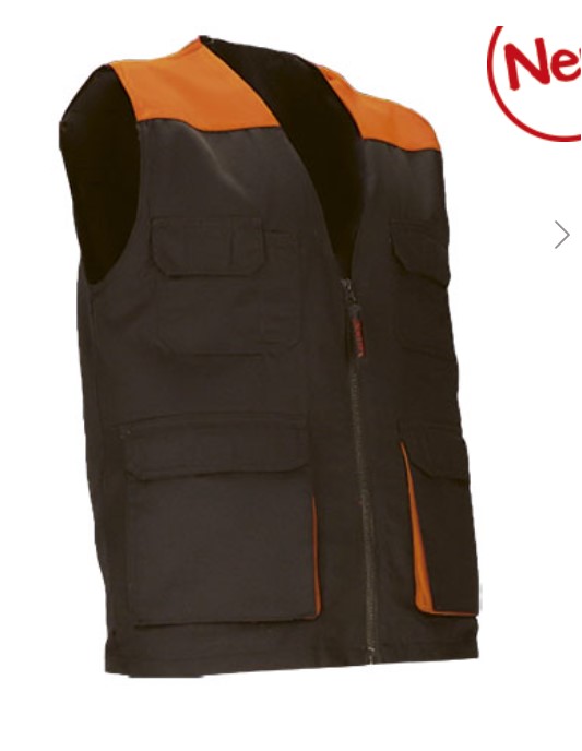 Colete de trabalho leve bicolor com múltiplos bolsos Colete preto e laranja com fecho e bolsos visíveis