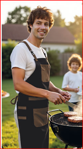 Avental com peito multibolsos bicolor 100% Algodão Homem com avental preto e castanho a grelhar hambúrgueres no jardim