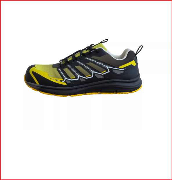 TÉNIS SEM METAL- S1PS SR ESD FO Sapato desportivo de segurança preto, cinza e amarelo com sola antiderrapante amarela