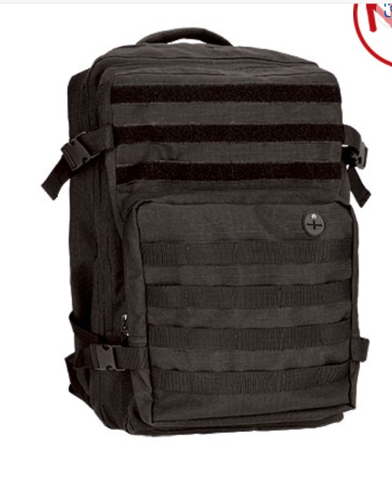 Mochila de grande capacidade com foles. Mochila preta tática com bolsos e faixas para fixação