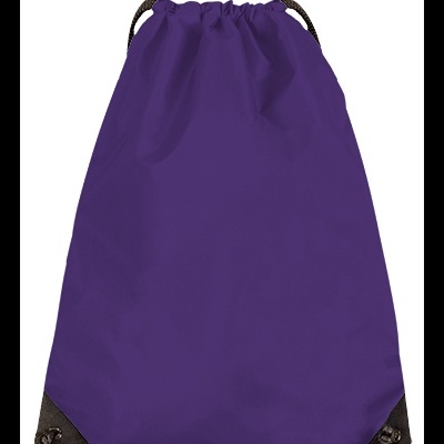 Mochila tipo saco roxa com cordões pretos e cantos reforçados pretos