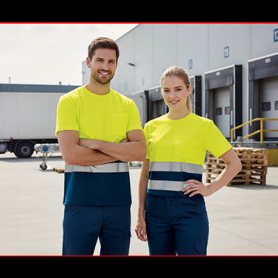 Dois trabalhadores com t-shirts de alta visibilidade amarelo fluorescente em ambiente industrial