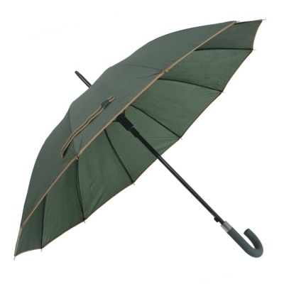 Guarda-chuva verde escuro com cabo preto e detalhes castanhos