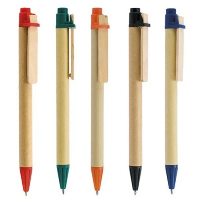 Cinco canetas esferográficas recicladas com ponteiras e clips coloridos