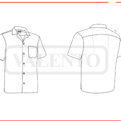 Ilustração técnica a preto e branco de uma camisa de manga curta com bolso