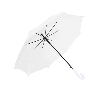 Guarda-chuva branco com estrutura preta e pega curva branca