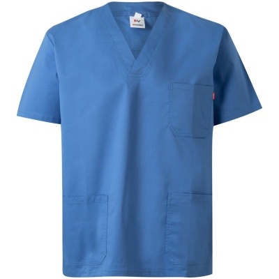 T-shirt médica azul com três bolsos, gola em V e manga curta