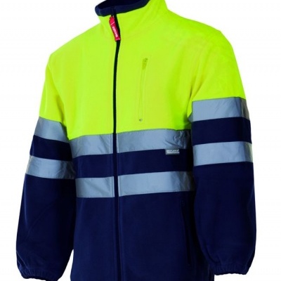 Casaco de segurança amarelo fluorescente e azul com listas reflexivas cinzentas