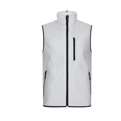 Colete cinza claro com fecho de correr preto e três bolsos com fecho.