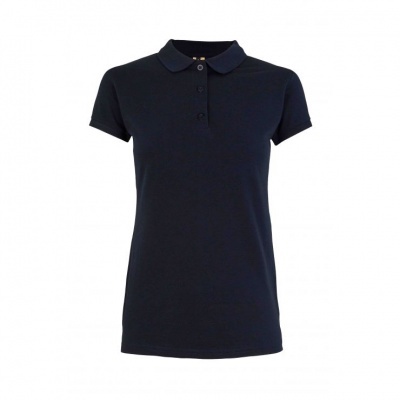 Polo feminino preta de manga curta com gola e botões.