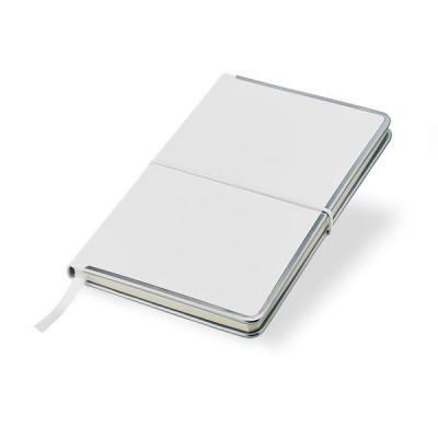Caderno branco com elástico e marcador de fita
