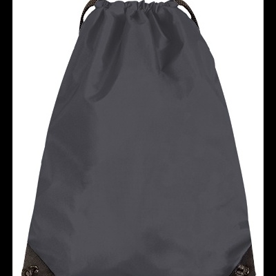 Mochila saco cinza escura com cordões pretos e reforços castanhos